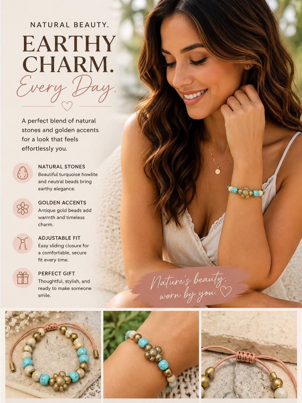 Turquoise & Gold Beaded Bracelet - Adjustable Women’s Bracelet - Picture 1 of 2